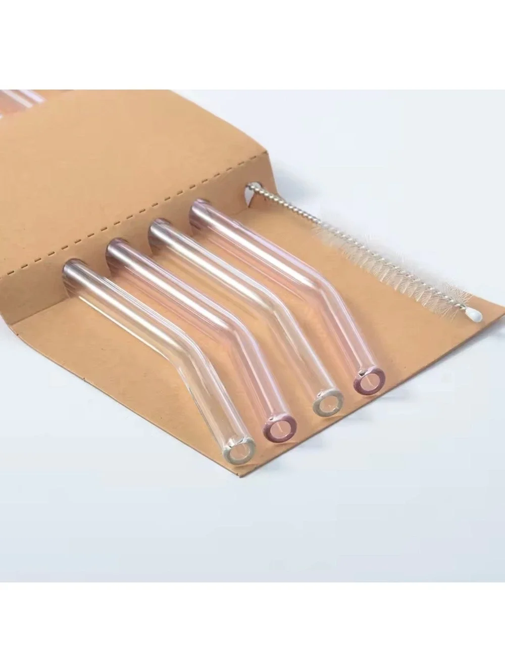 4 Pc Reusable Glass Straw Set Bent Straws + Cleaning Brush pink